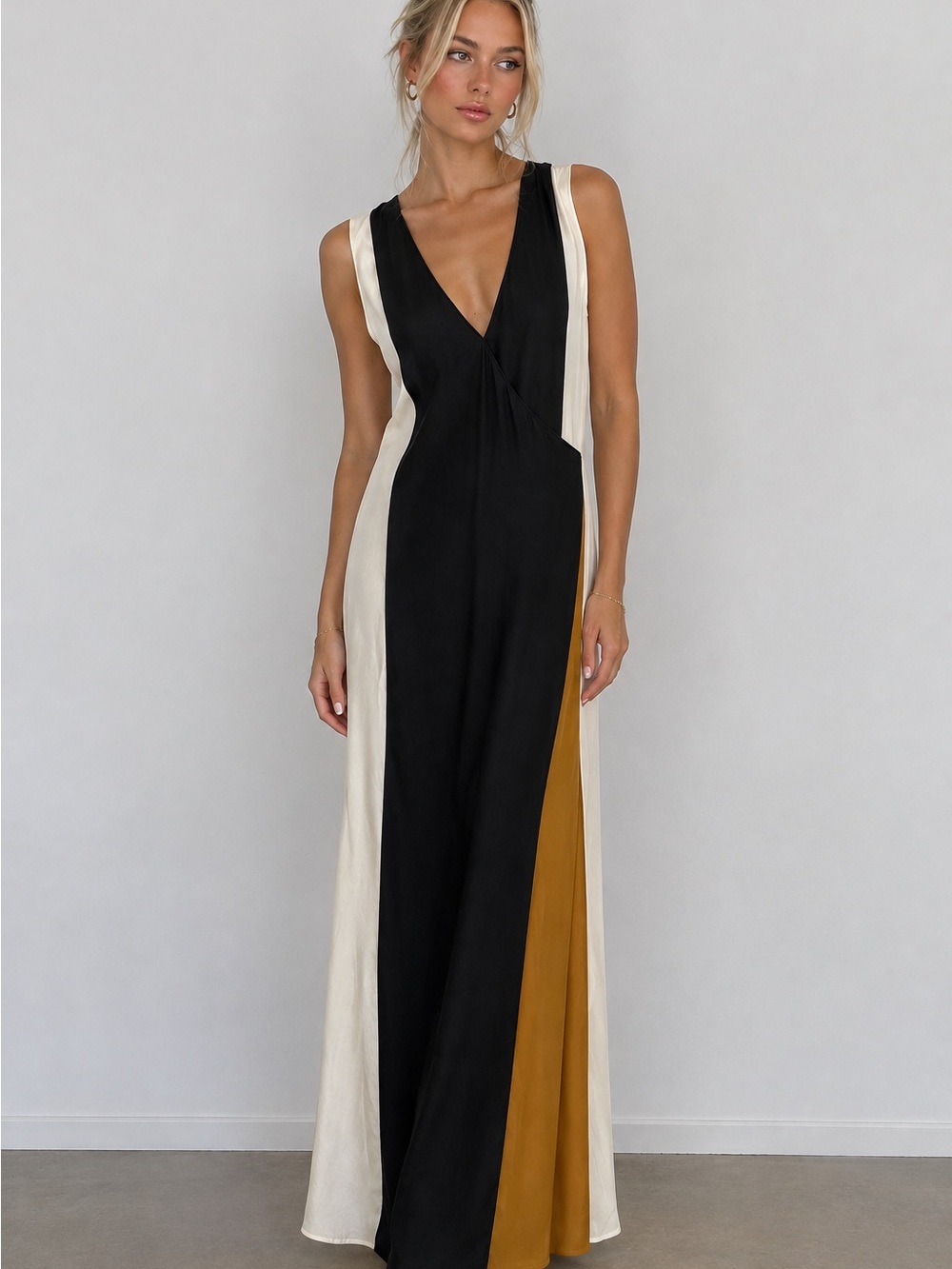 Tory Burch Colorblock V-Neck Maxi Dress in Black, Cream & Mustard